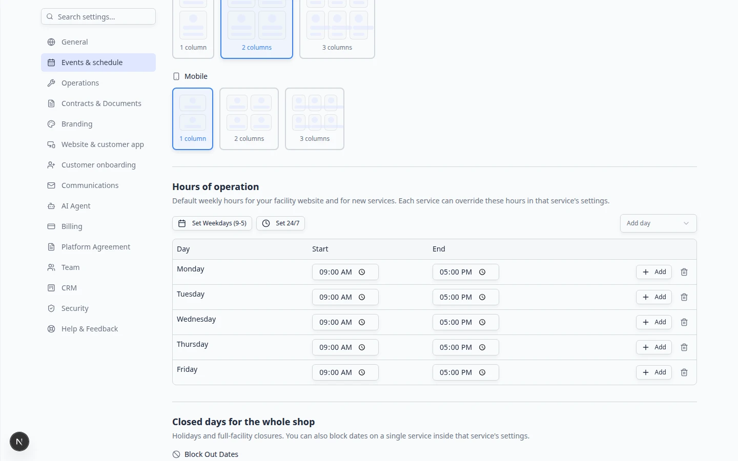 Create event screen layout settings with 2 columns selected under Desktop showing a highlighted preview grid