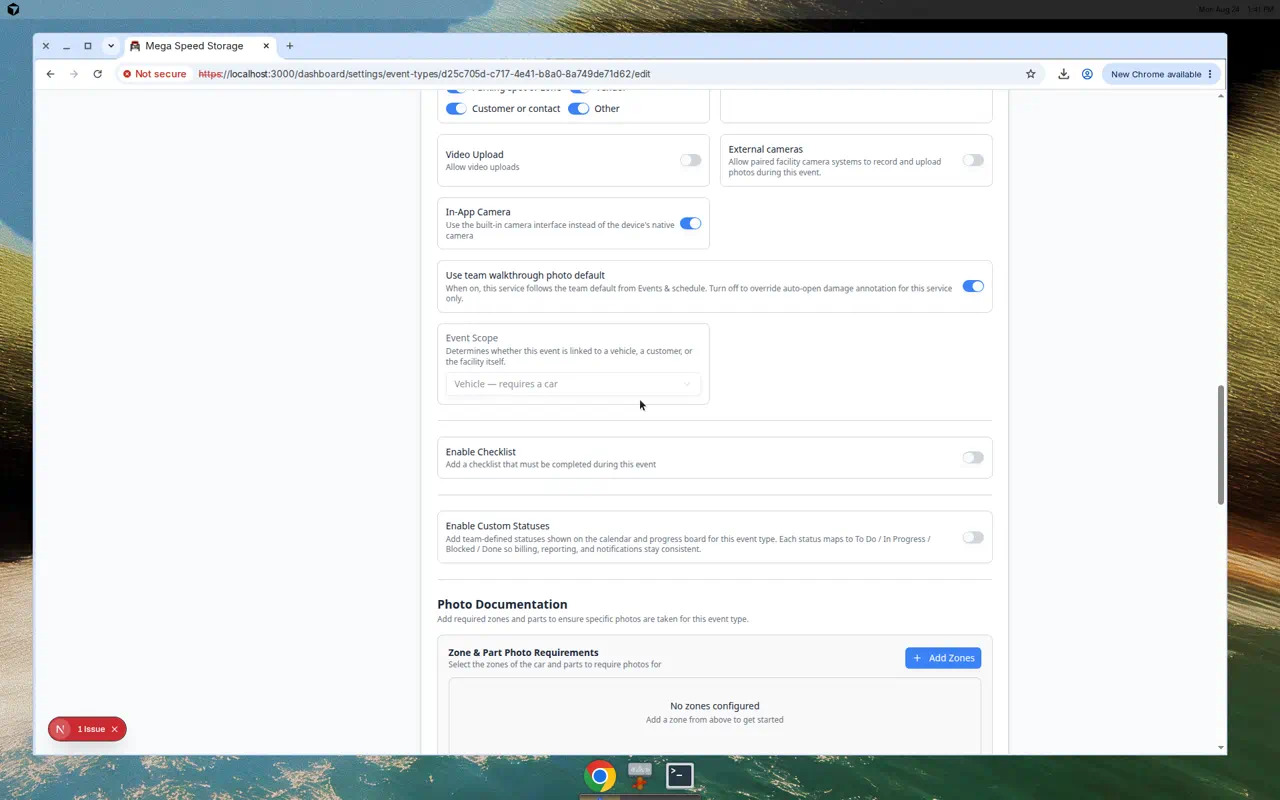 Event type editor showing Photo Documentation section with Auto-open damage annotation toggle