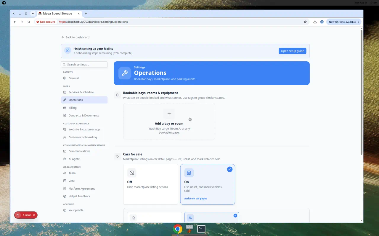 Operations settings page showing Bookable bays, rooms and equipment section with amenity cards