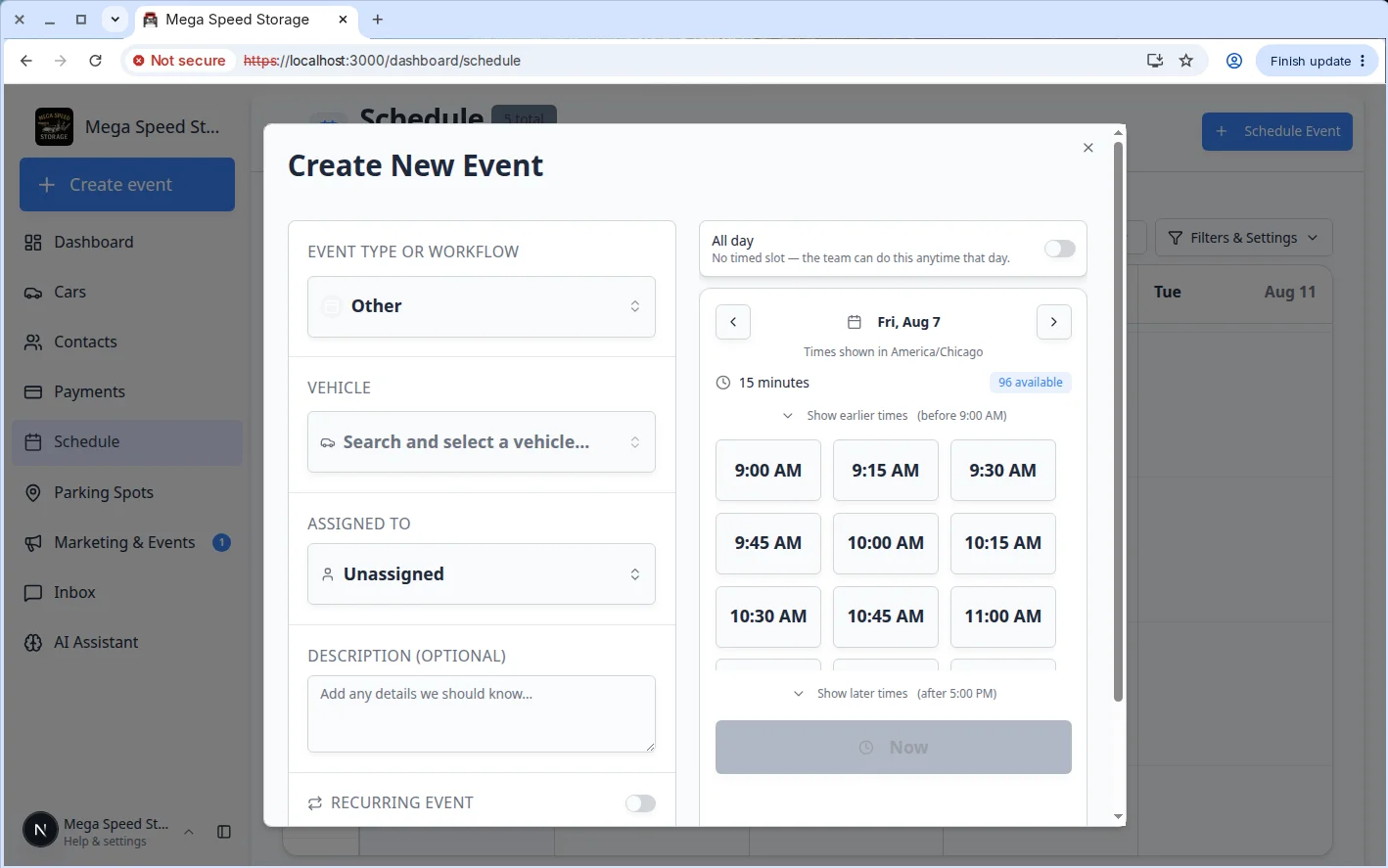 Create New Event dialog on the Schedule page showing event type, vehicle, date picker, and available time slots