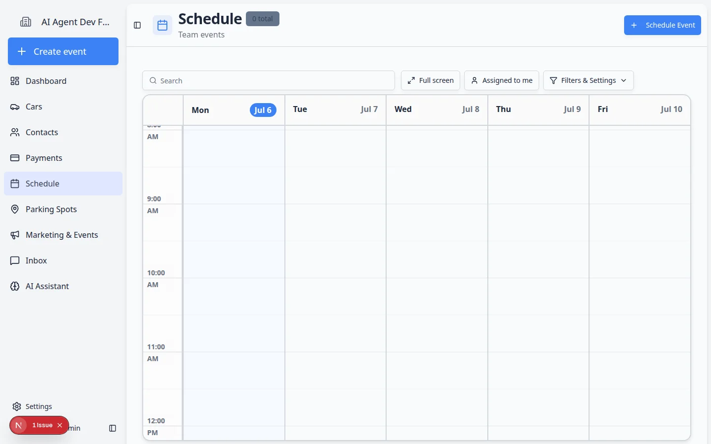 Schedule calendar filtered to Needs Approval showing a pending customer booking request