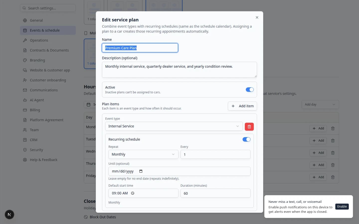 Edit service plan dialog for Premium Care Plan showing two plan items with monthly and quarterly schedules