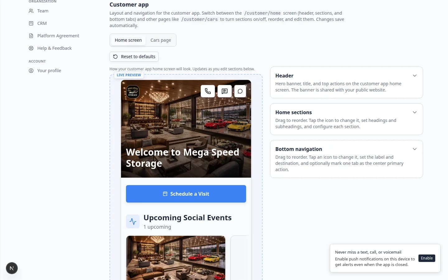 Website and customer app settings showing Customer app section with live phone preview and layout controls