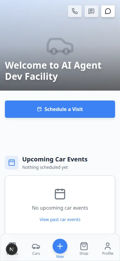 Customer portal home screen on a phone showing facility greeting, upcoming events, and bottom navigation