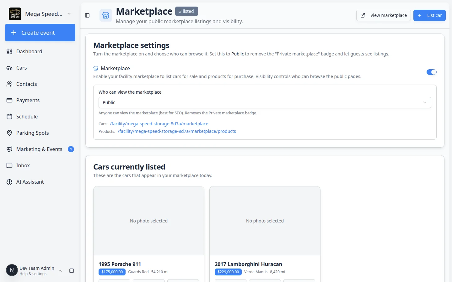 Marketplace page in the dashboard showing cars currently listed with View, Edit, Unlist, and Mark as sold actions
