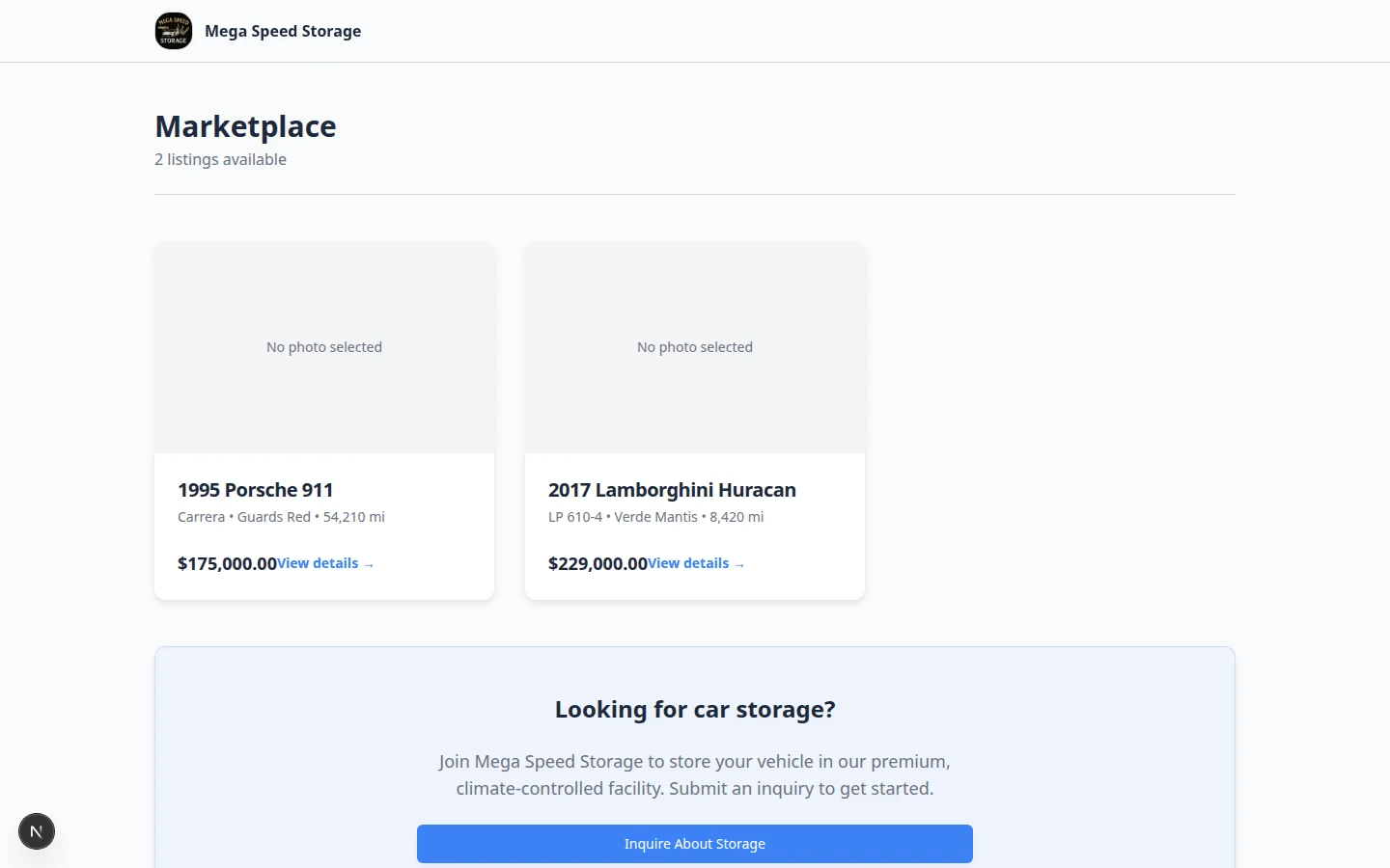 Public marketplace page showing one vehicle listing and a public badge