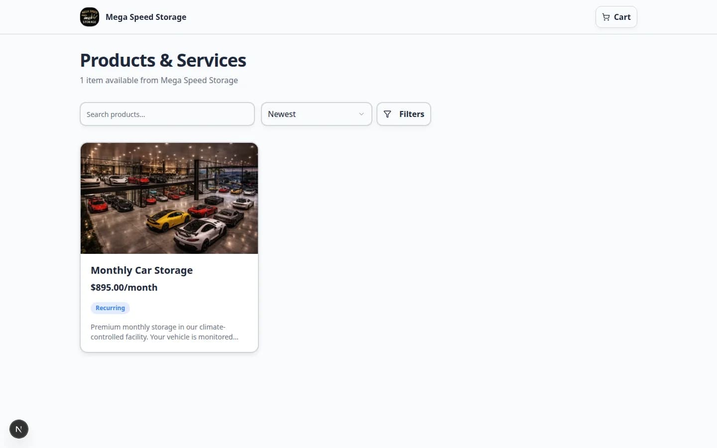 Public product marketplace showing storage plans with prices