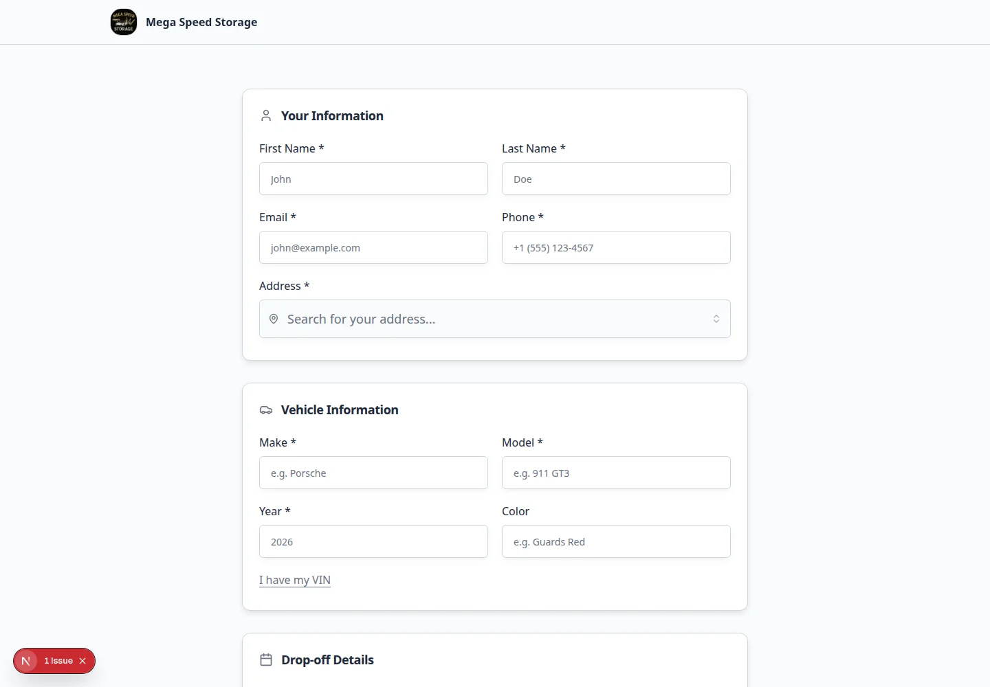 Public registration form with customer information fields and a continue button