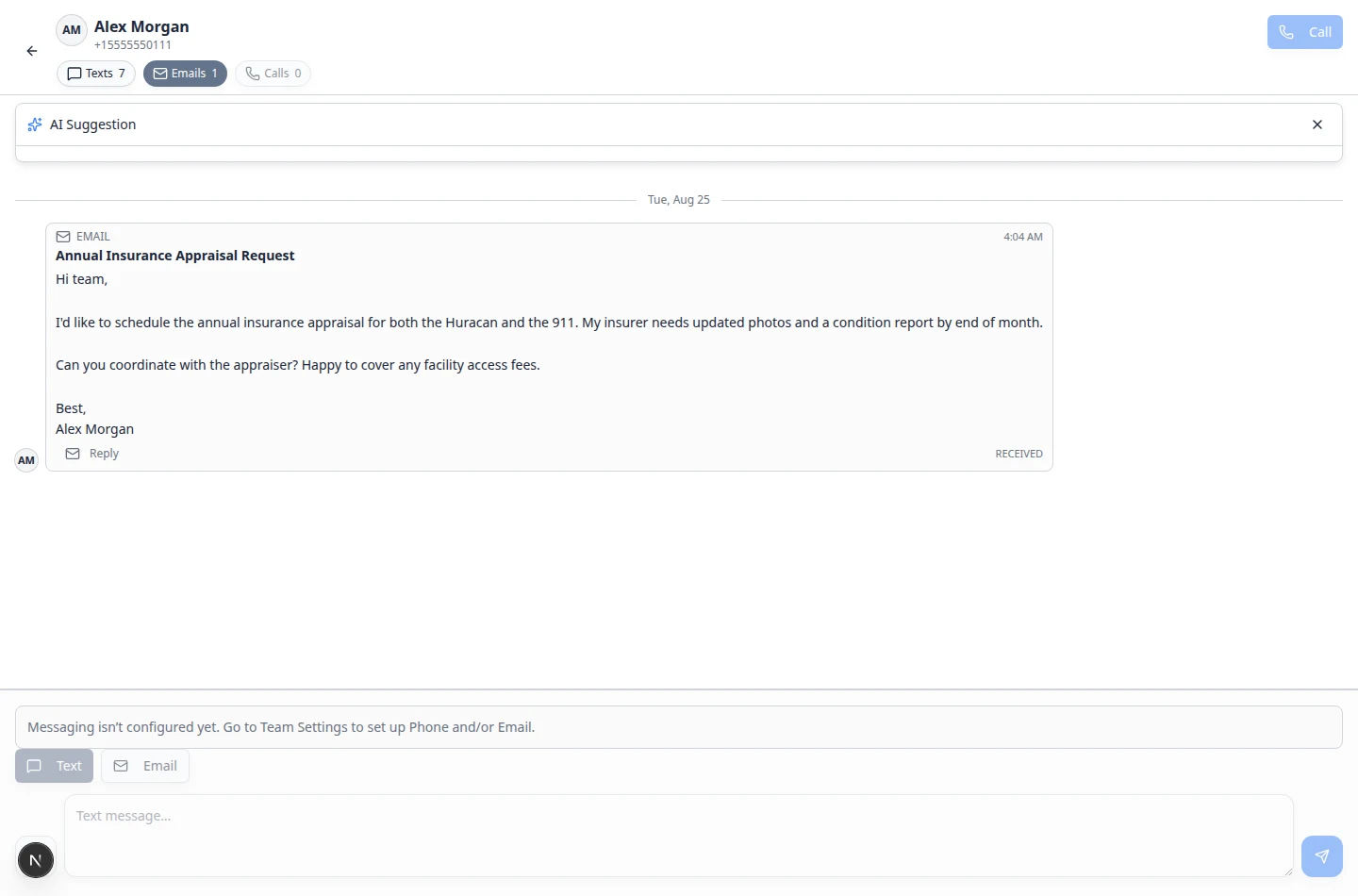 Inbox showing an AI Suggestion panel with a drafted customer reply and recommended action buttons