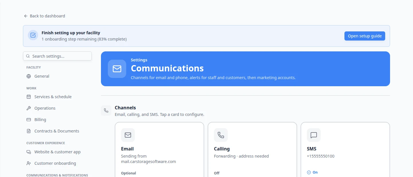 Communications settings focused on the Email Domain and Deliverability Settings section