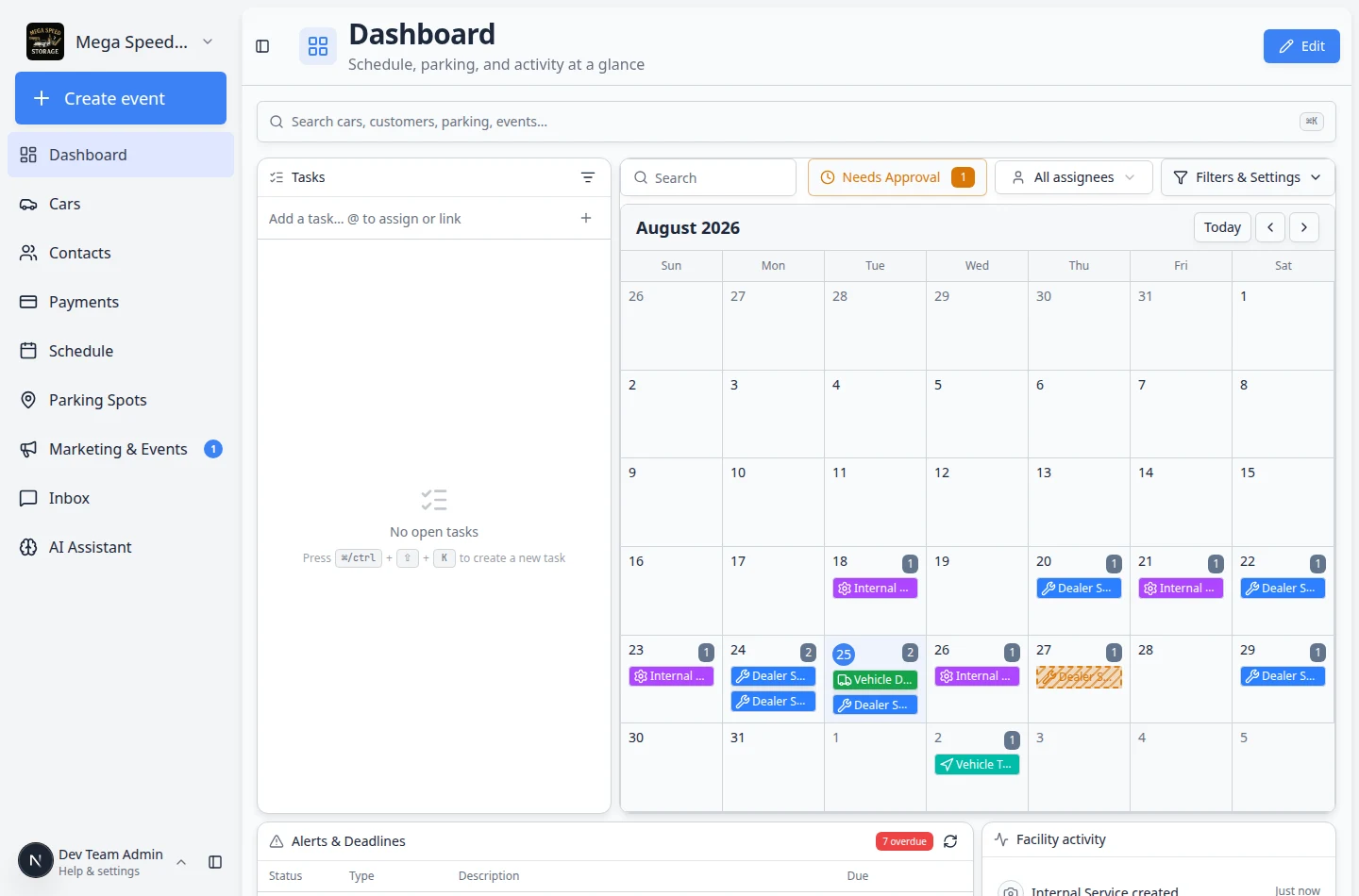 Overview dashboard showing an Inbox panel with customer names, unread badges, and a Search conversations field