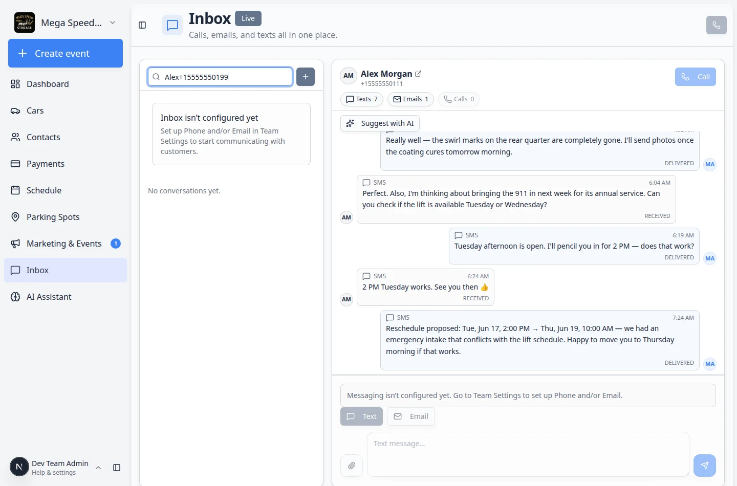 Inbox new conversation search showing a New number option for an unsaved phone number with Not a saved contact