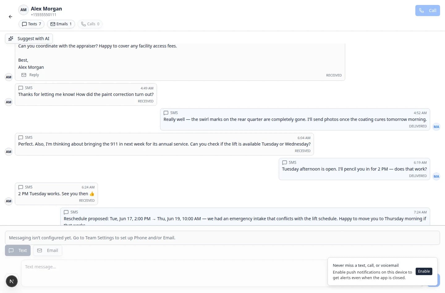 Inbox conversation with Alex Morgan selected showing a Reschedule proposed text message with old and new appointment times