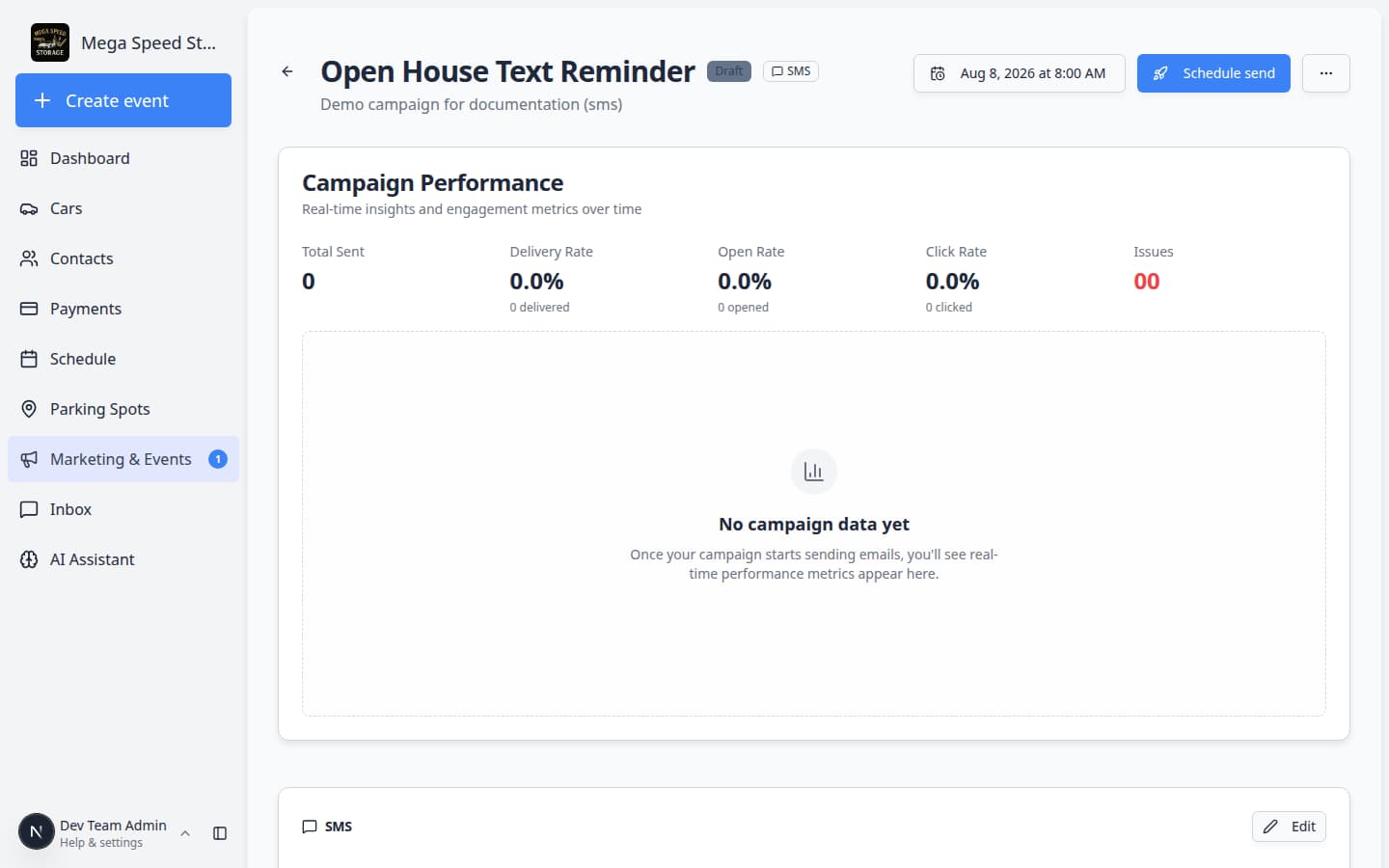 Text message campaign detail page showing draft status, SMS message card preview, audience section, and Schedule send button