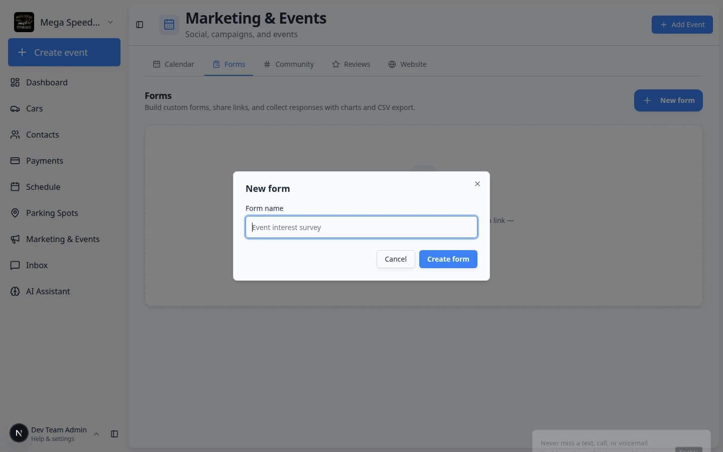 New form dialog with Form name field filled in and Create form button