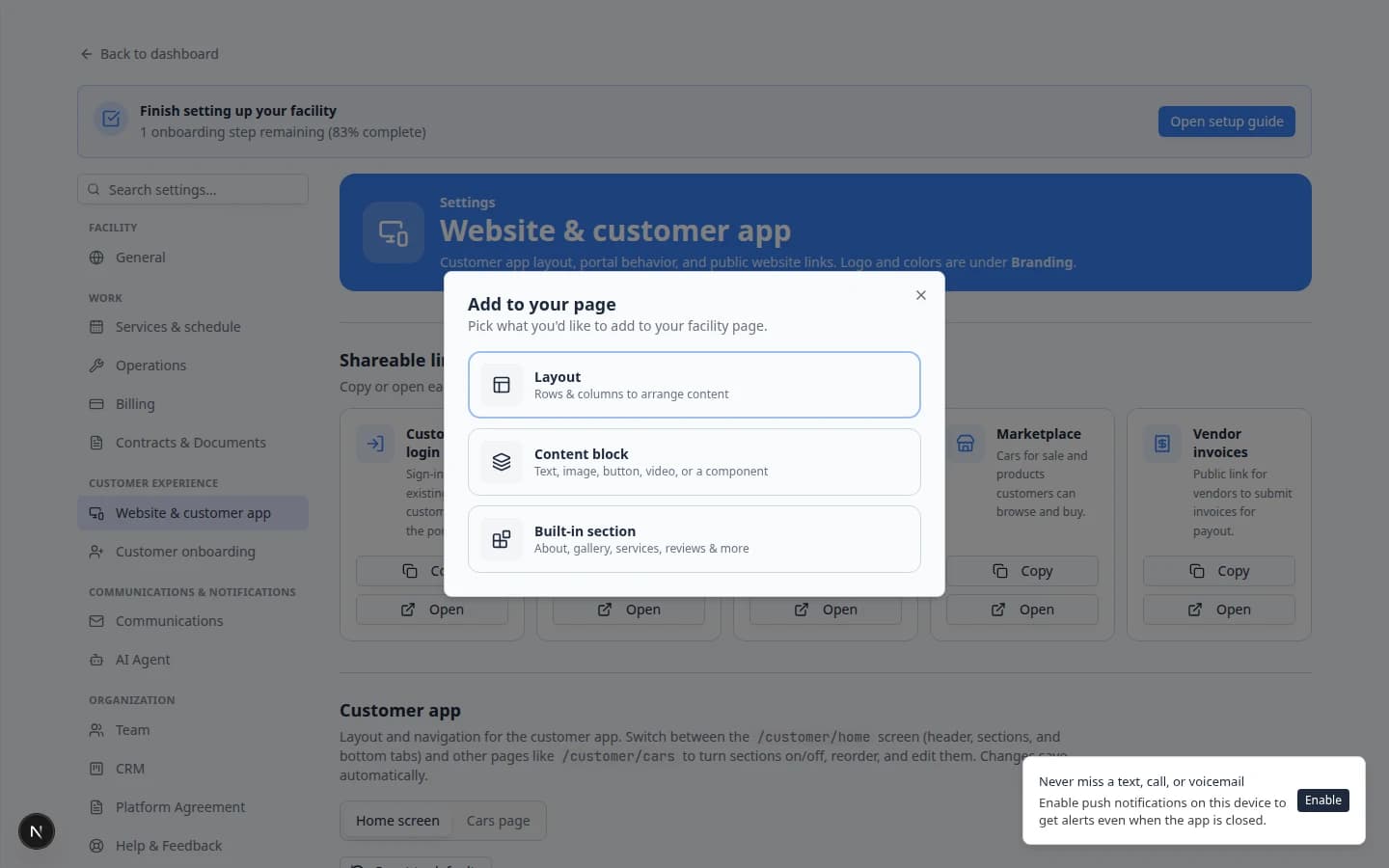 Page editor Add section menu listing built-in section types including Custom form
