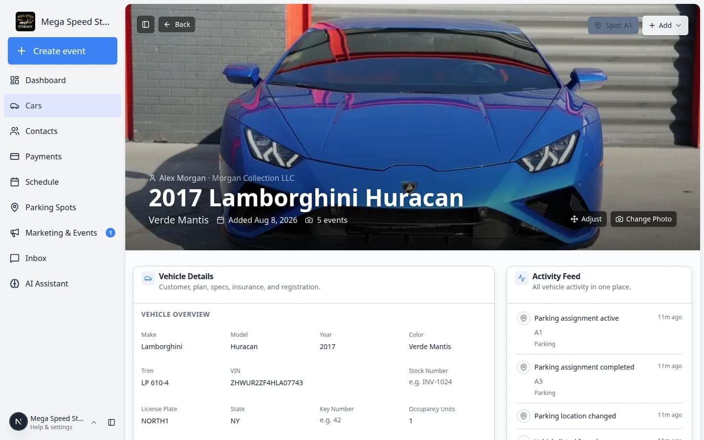 Car detail page showing Spot A1 on the parking location button near the top of the page