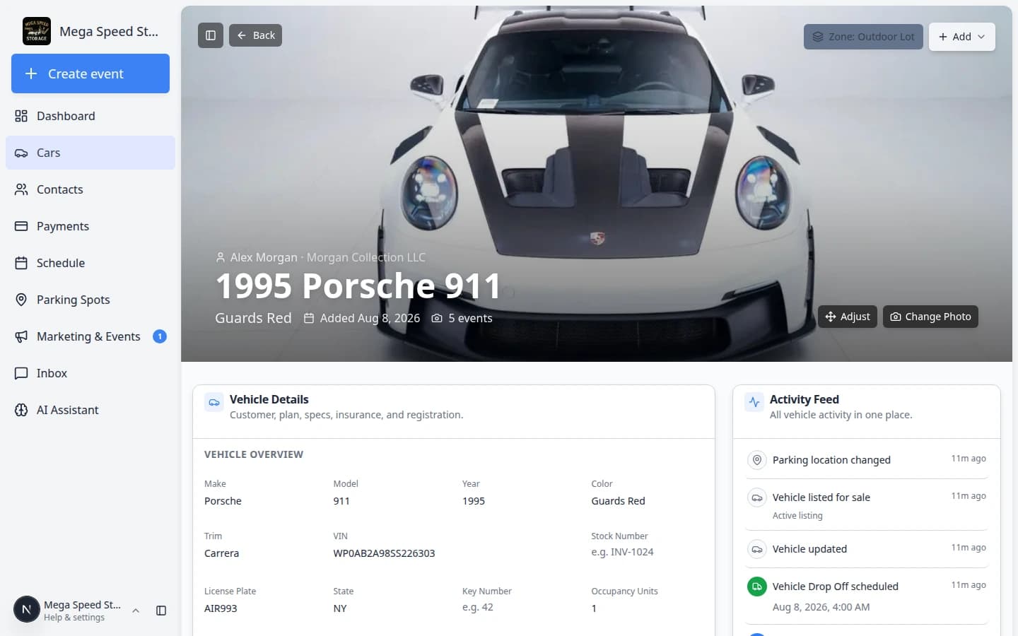 Car detail page for a Porsche showing Zone Outdoor Lot on the parking location button near the top of the page
