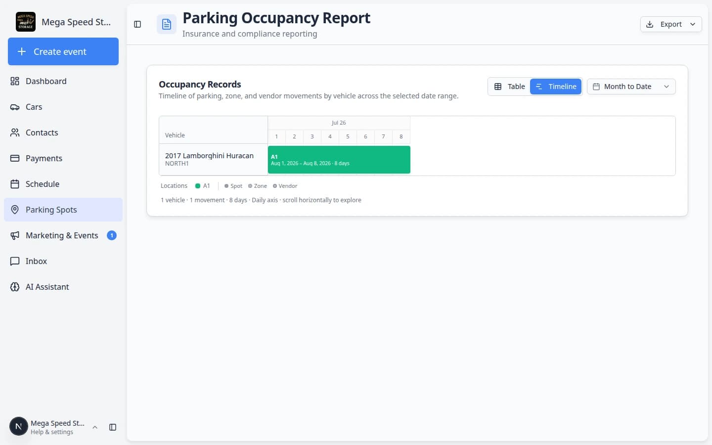 Parking Occupancy Report grouped with one row per car summarizing parking activity in the selected date range