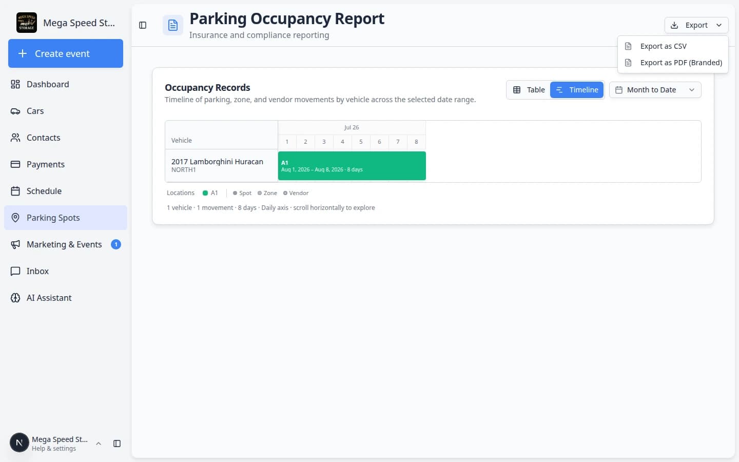 Parking Occupancy Report Export menu showing Export as CSV and Export as PDF Branded options