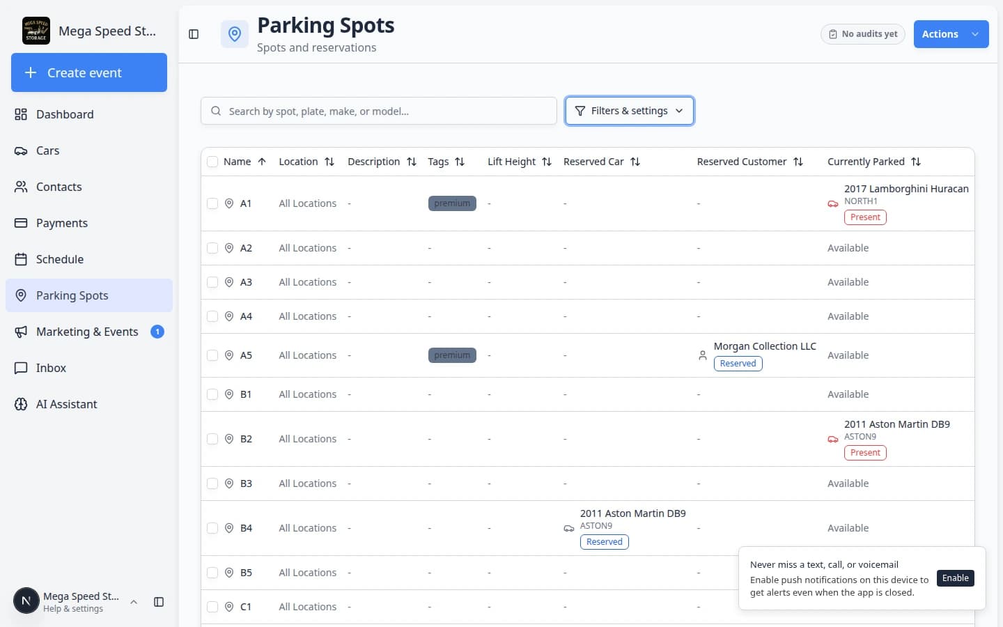 Parking Spots table showing Currently Parked column with Available, Reserved, and Present values