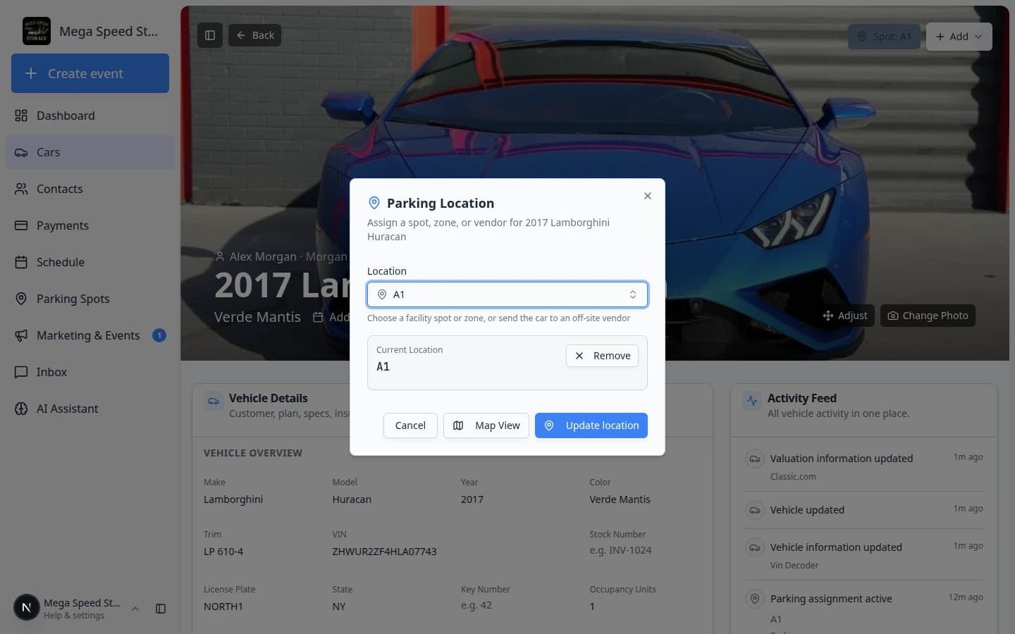 Move vehicle picker showing Zones section with Indoor Bay and Outdoor Lot capacity counts and a Spots list below
