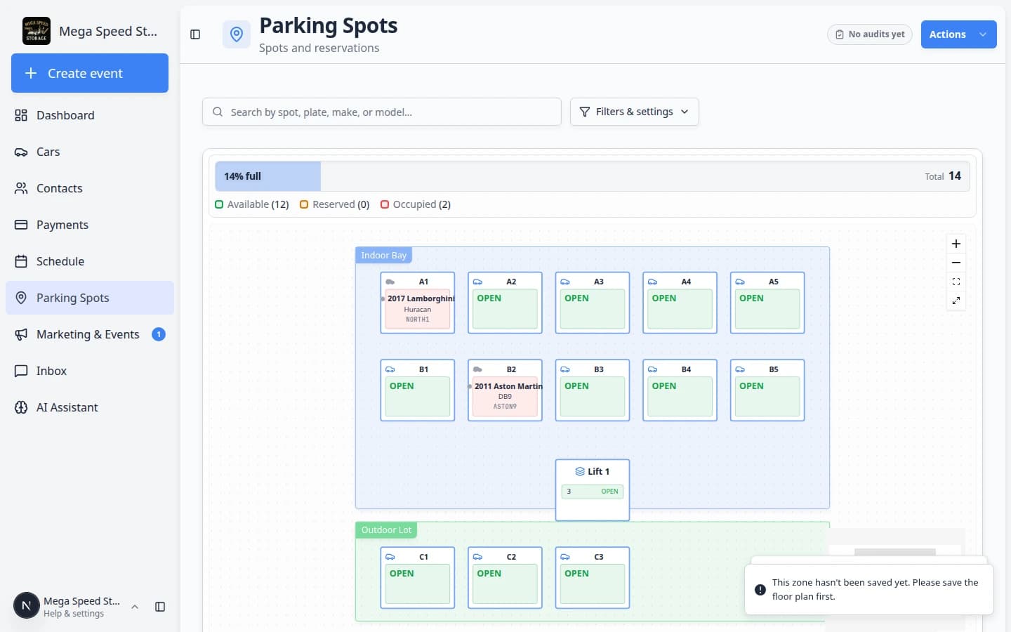 Zone dialog on the Parking Spots map showing Outdoor Lot with capacity counts and a list of cars currently in the zone