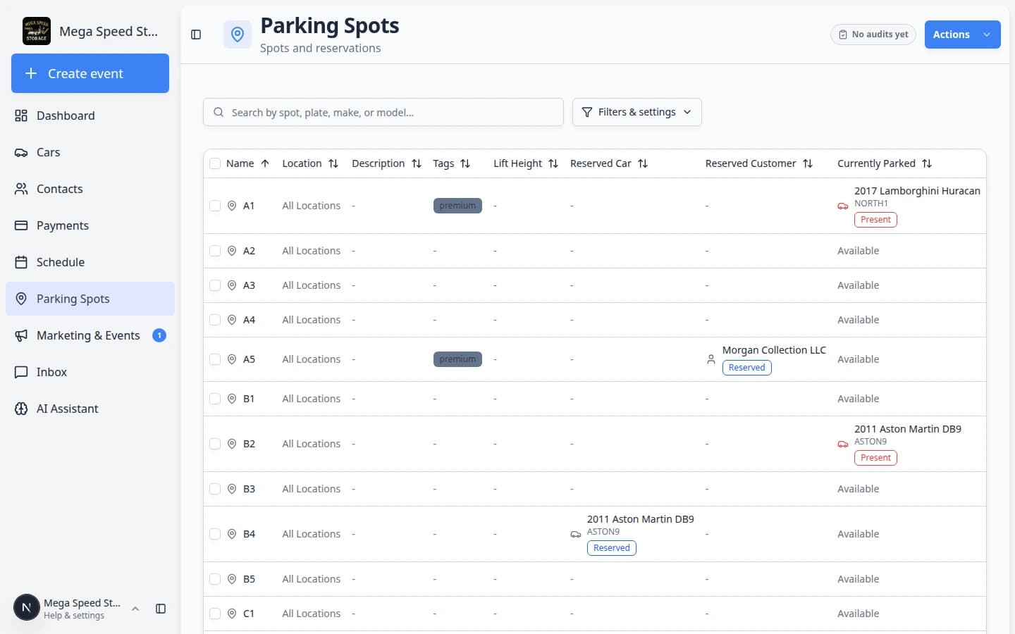 Parking spot dialog for A1 showing Move Car button and destination picker to move the vehicle to another spot or zone