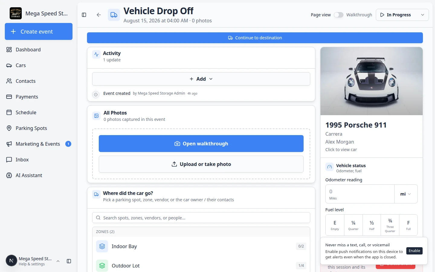 Event workflow page for a vehicle drop-off showing vehicle details, workflow sections, and a Continue to destination button when parking is required