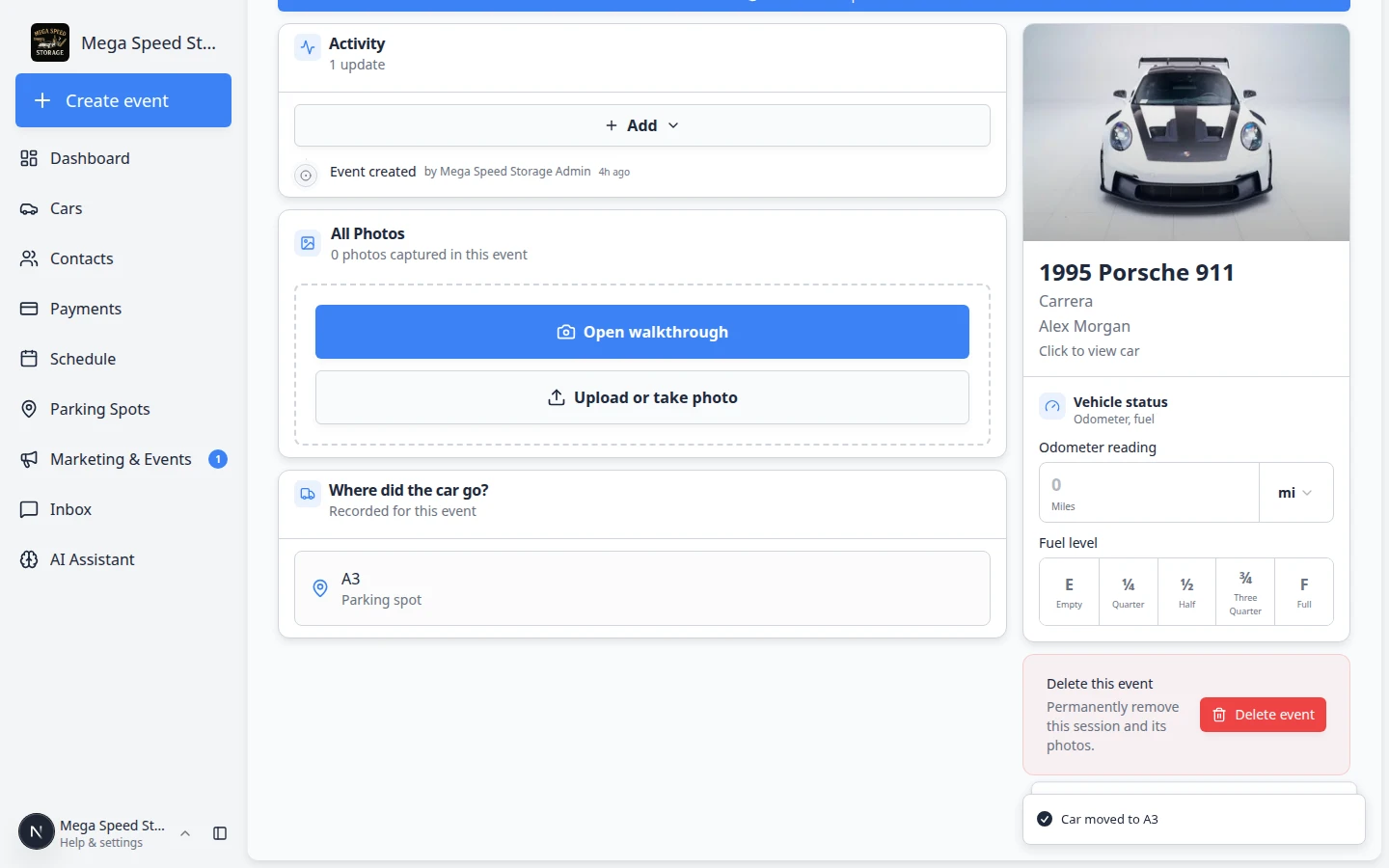 Event workflow parking picker with spot A3 highlighted as the selected destination