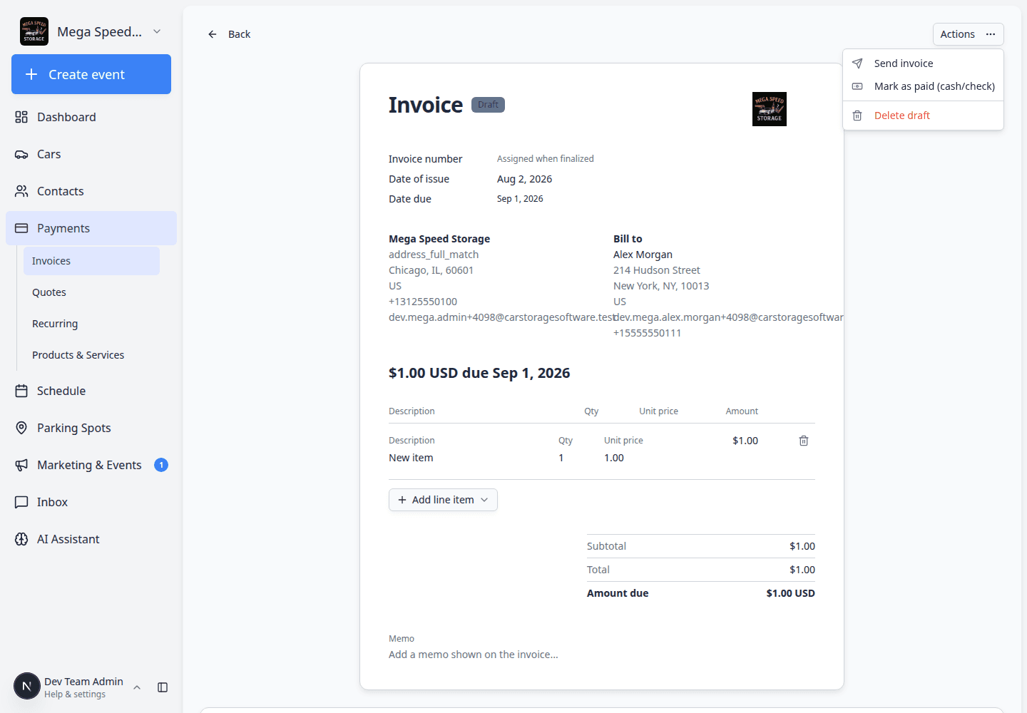 Actions menu on an open customer invoice showing resend email, charge on file, and mark paid options