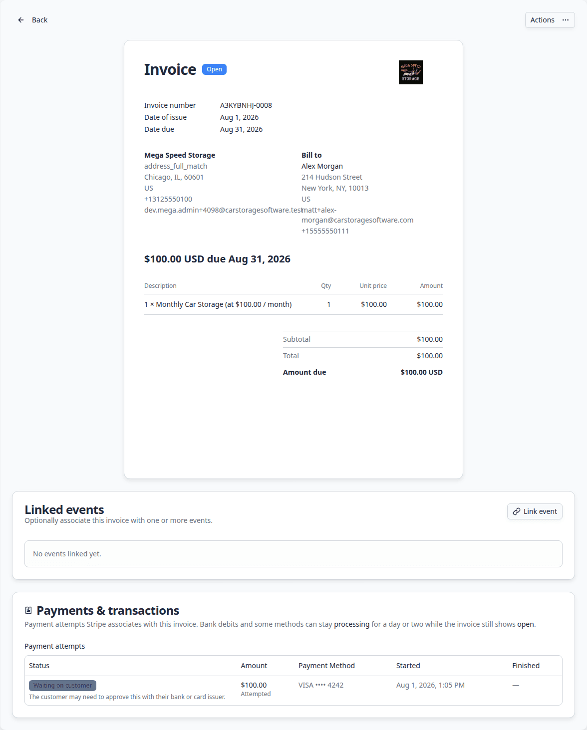 Open customer invoice detail page showing status badge, amount due, line items, and Actions button