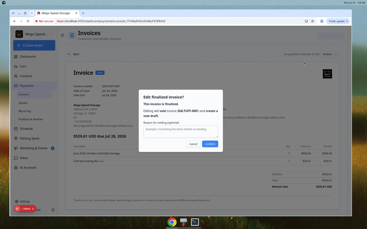 Edit finalized invoice confirmation explaining the current invoice will be voided and a new draft created