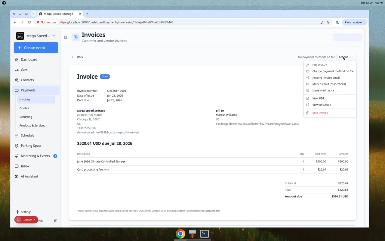 Actions menu on an open customer invoice showing Resend invoice email, Issue credit note, Void invoice, and Mark as paid options