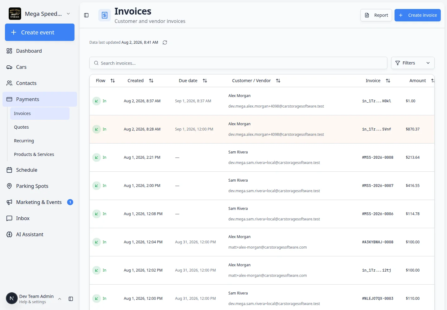 Invoices page with Customer tab selected showing multiple invoice rows with status badges and amounts