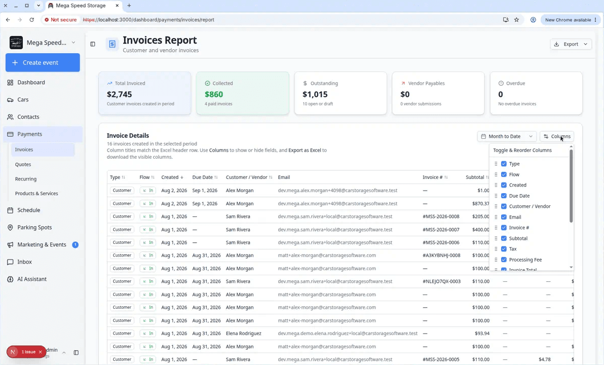 Invoices Report Columns menu showing toggle and reorder options for table fields