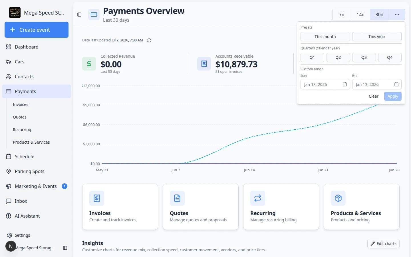 Payments Overview date range menu open showing This month, This year, quarter buttons, and custom start and end date fields