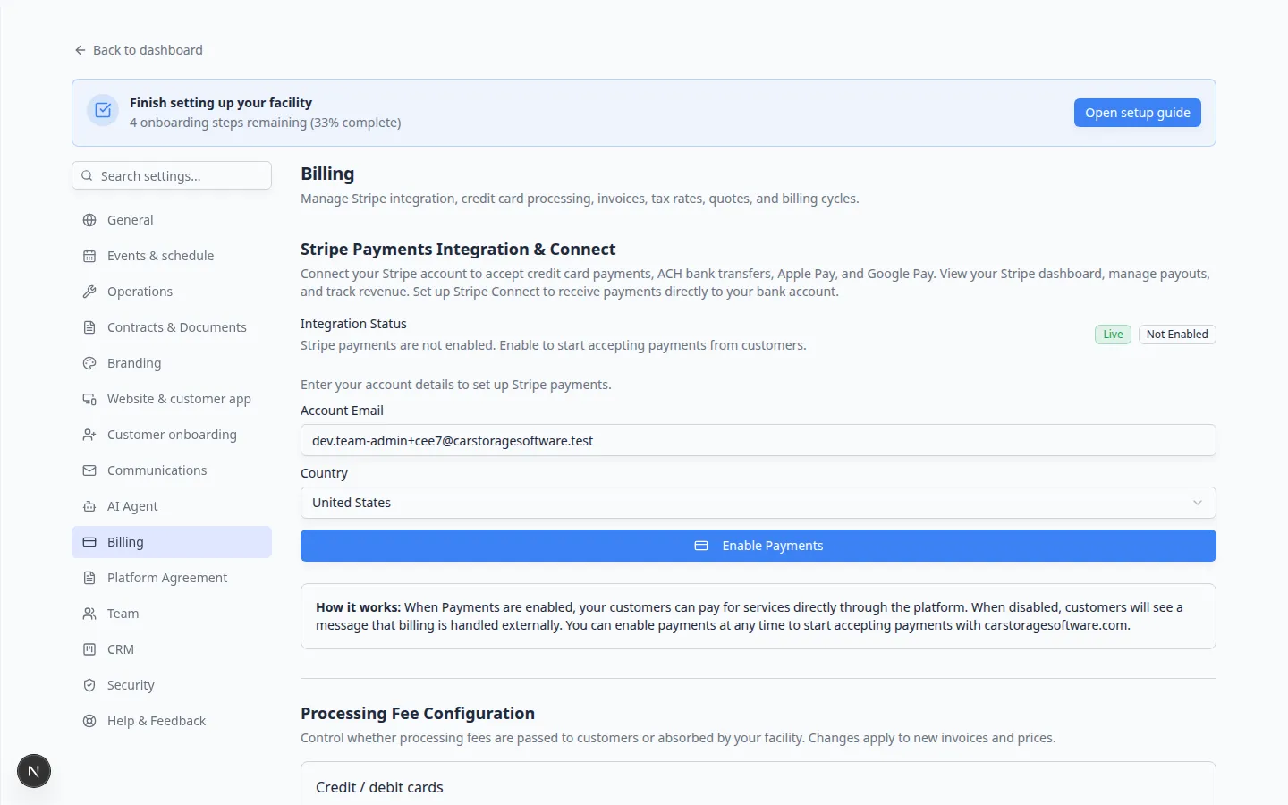 Payments Overview quick navigation cards for Invoices, Quotes, Recurring, and Products and Services