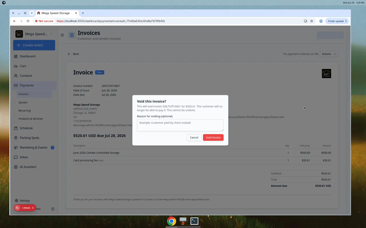 Void this invoice confirmation dialog with optional reason field and red Void invoice button