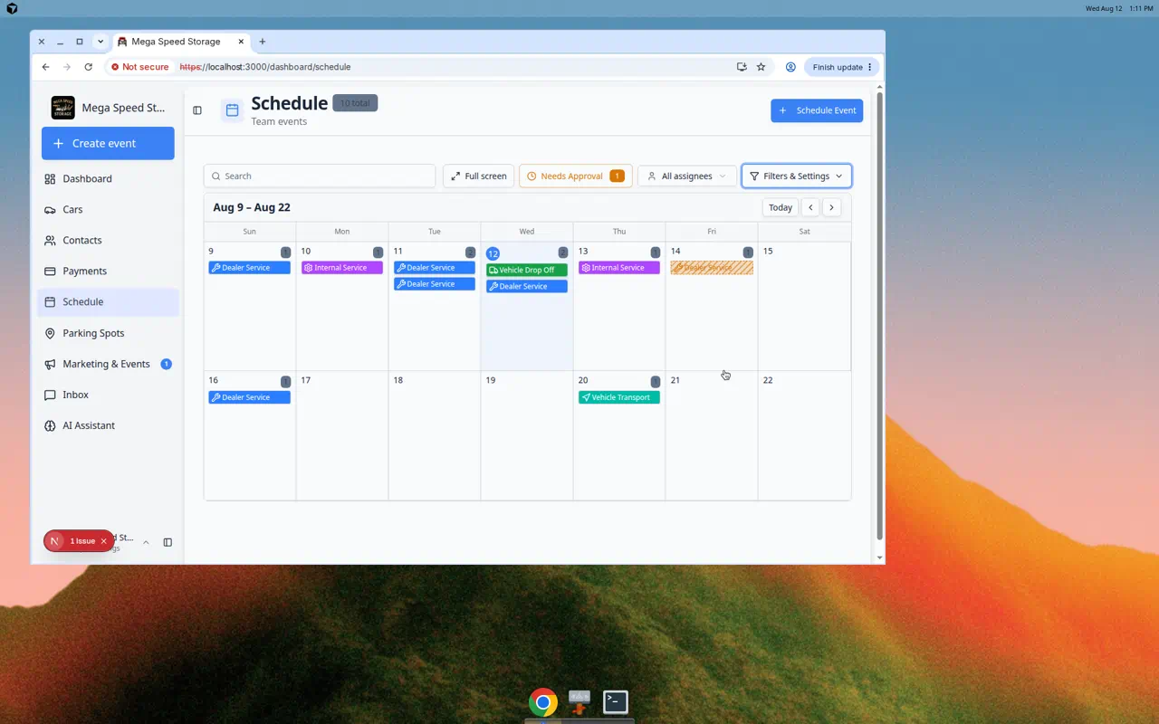 Schedule calendar in 2 Week view with color-coded events across fourteen days