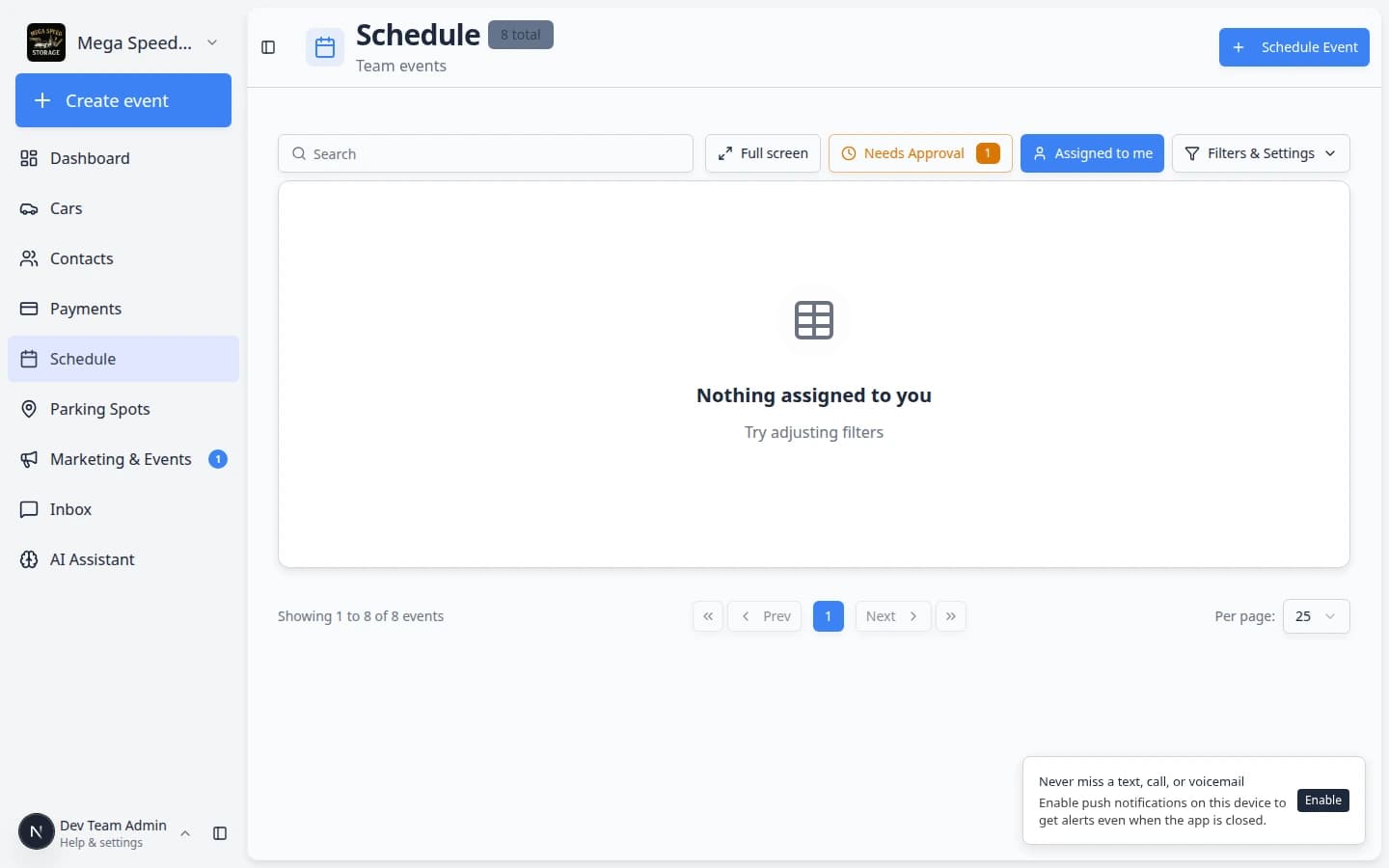Schedule page with Assigned to me filter active showing only events for the signed-in user