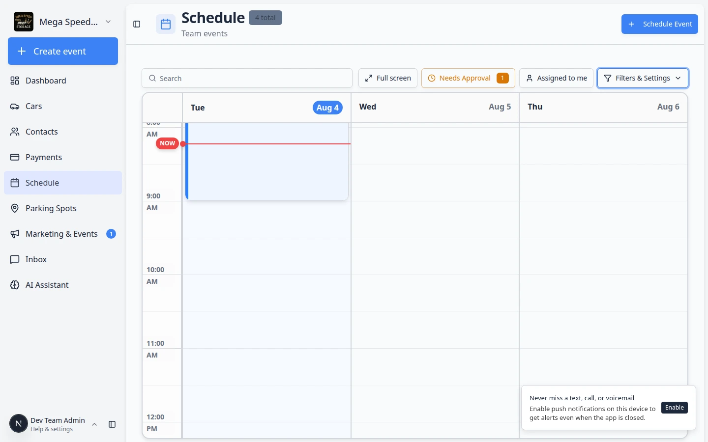 Schedule calendar in 5 Day view showing multiple events with color coding and small icons on event blocks