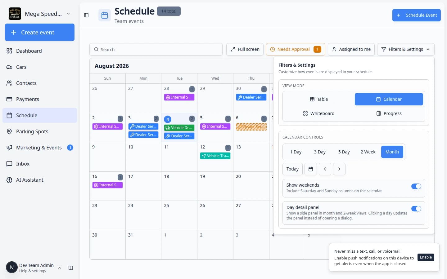 Schedule Month view with day detail panel open on the right listing events for the selected day