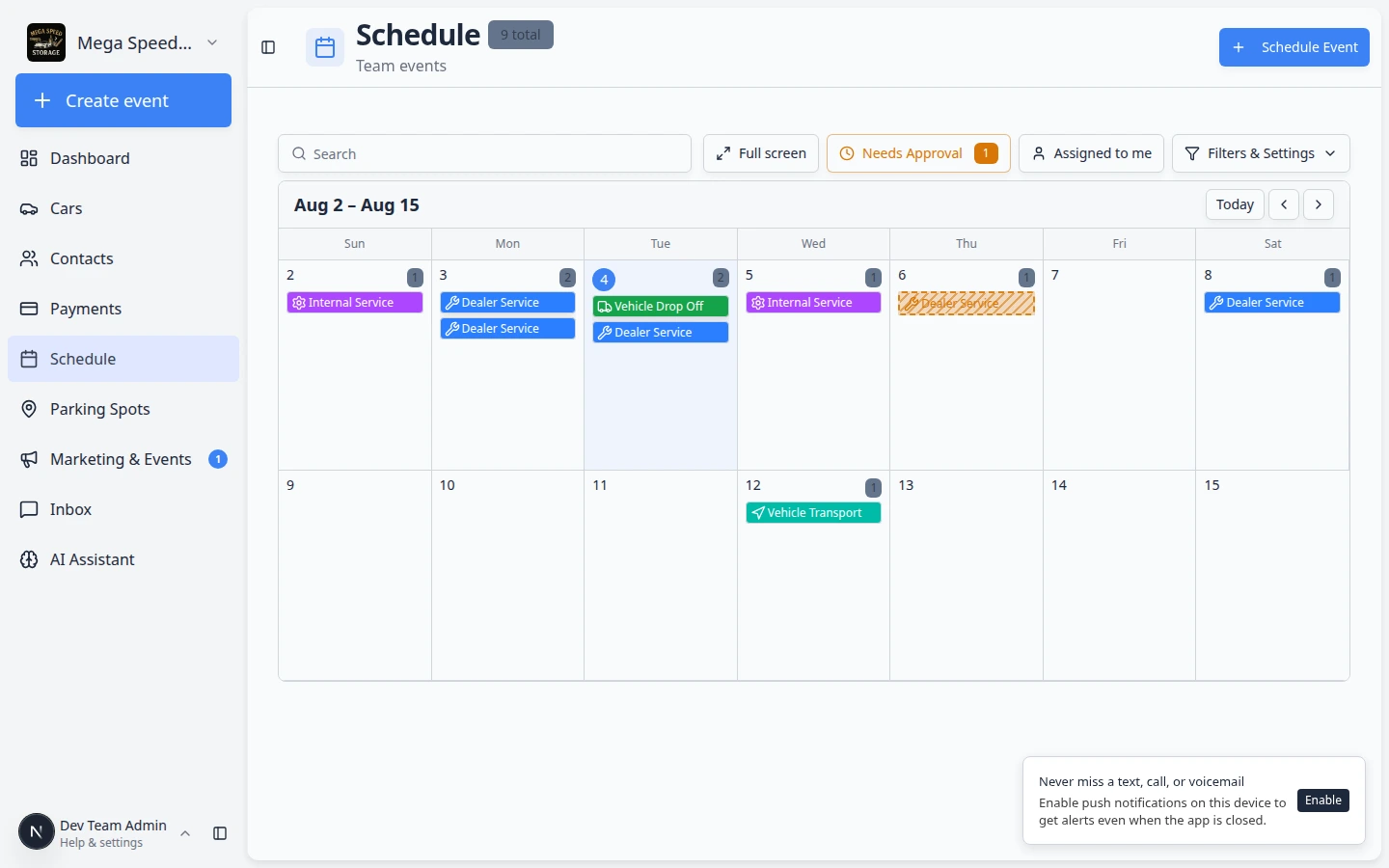 Edit event form showing When section with date, time, duration, assignee, and notes fields