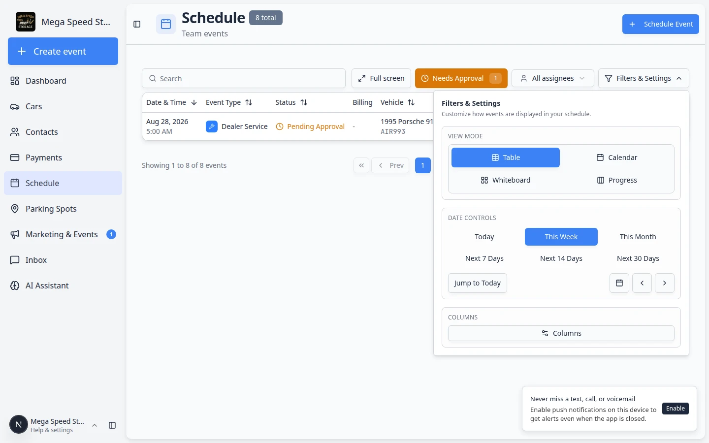 Schedule Table view with Needs Approval filter on, showing only pending online booking rows