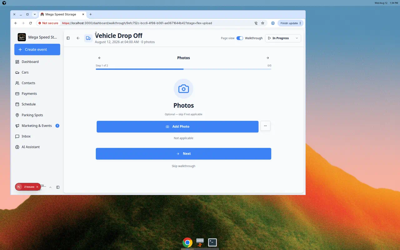 Event workflow in Walkthrough view showing status steps To Do, In Progress, and Done, activity feed, and vehicle status fields for odometer and fuel level