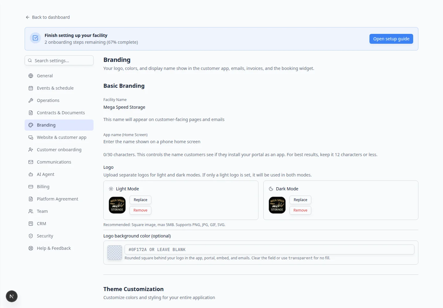 Branding settings showing Theme Customization with component preview and color pickers