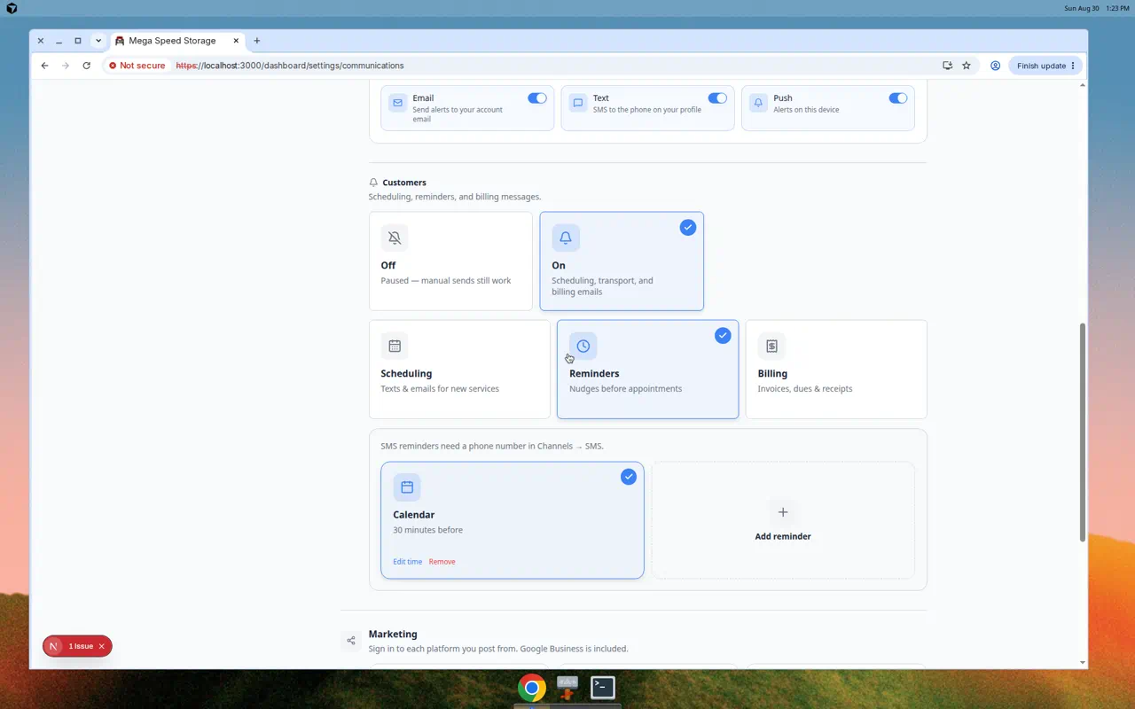 Events and schedule settings showing Default reminders before appointments with a calendar reminder 30 minutes before