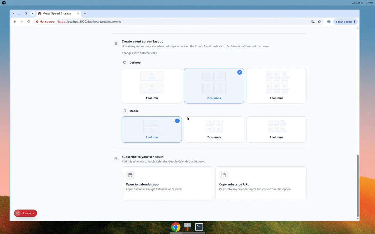 Events and schedule settings showing Subscribe to your schedule with Open in calendar app and Copy subscribe URL buttons