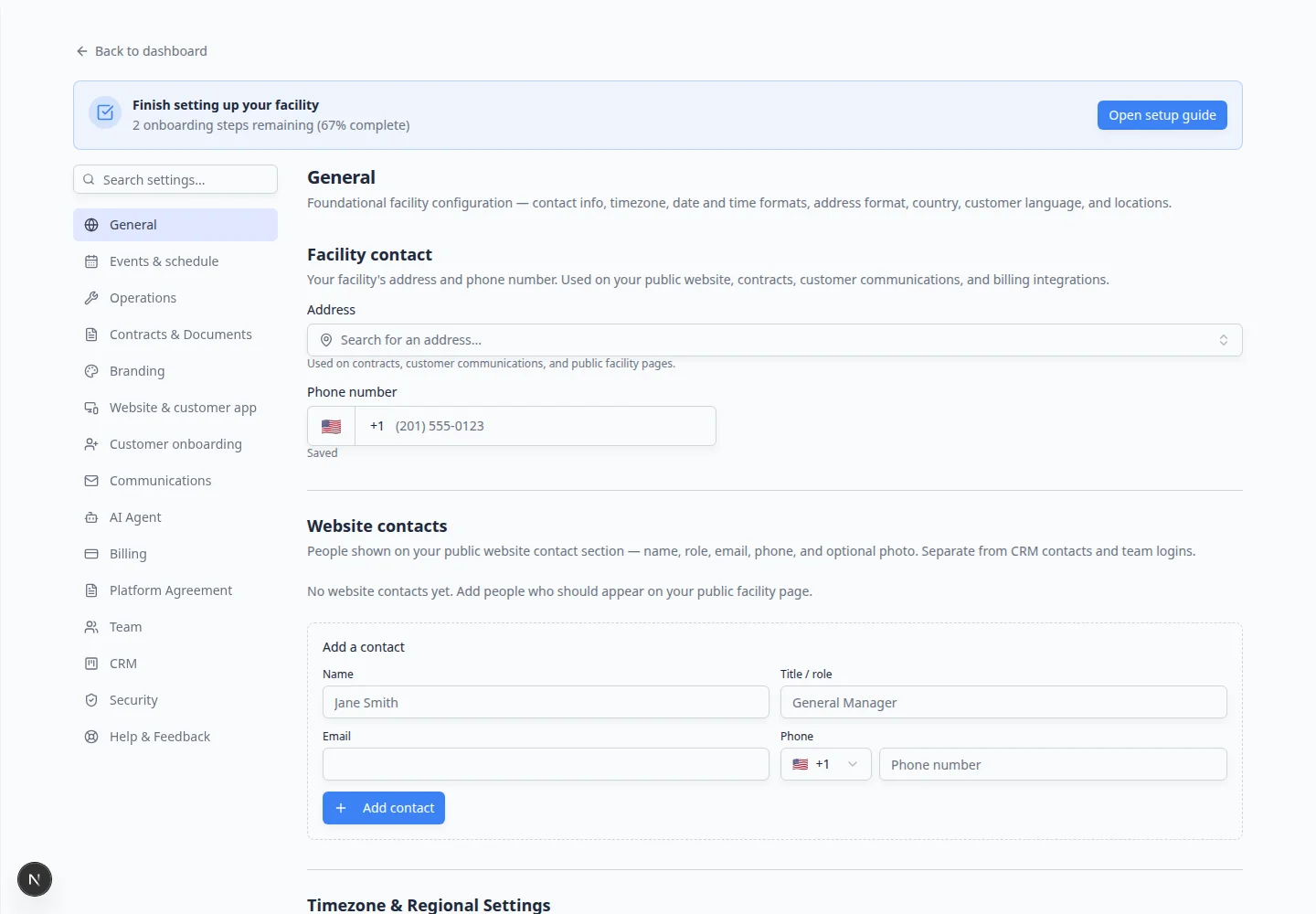 General settings page scrolled to Timezone and Regional Settings with date format and address format sections visible